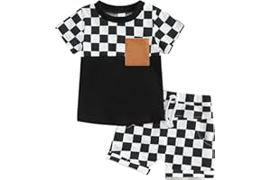 Toddler Baby Boy Girl Summer Outfits Checkered Plaid Cotton Short Sleeve T-Shirt Top Shorts Set 2PCS Outfit