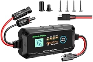 Bateria Power 10A 12V MPPT Solar Charge Controller, Intelligent Solar Panel Regulator with LED and LCD Display, Compatible with Sealed Flooded Gel AGM Lithium LiFePO4 Battery (with Black Caps)