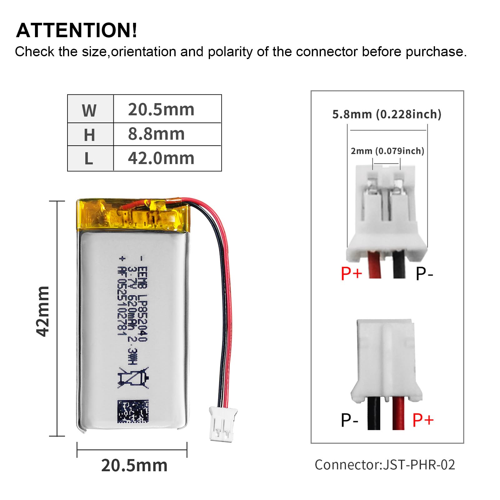 EEMB 3.7V Lipo Battery 620mAh 852040 Rechargeable Lithium Polymer Ion Battery with JST Connector Make Sure Device Polarity Matches Before Purchase!!!
