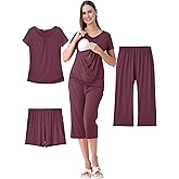 Shangood 3 Piece Nursing Pajamas Set for Women Breastfeeding Shirts Pjs Postpartum Shorts&Capri Pants Pockets