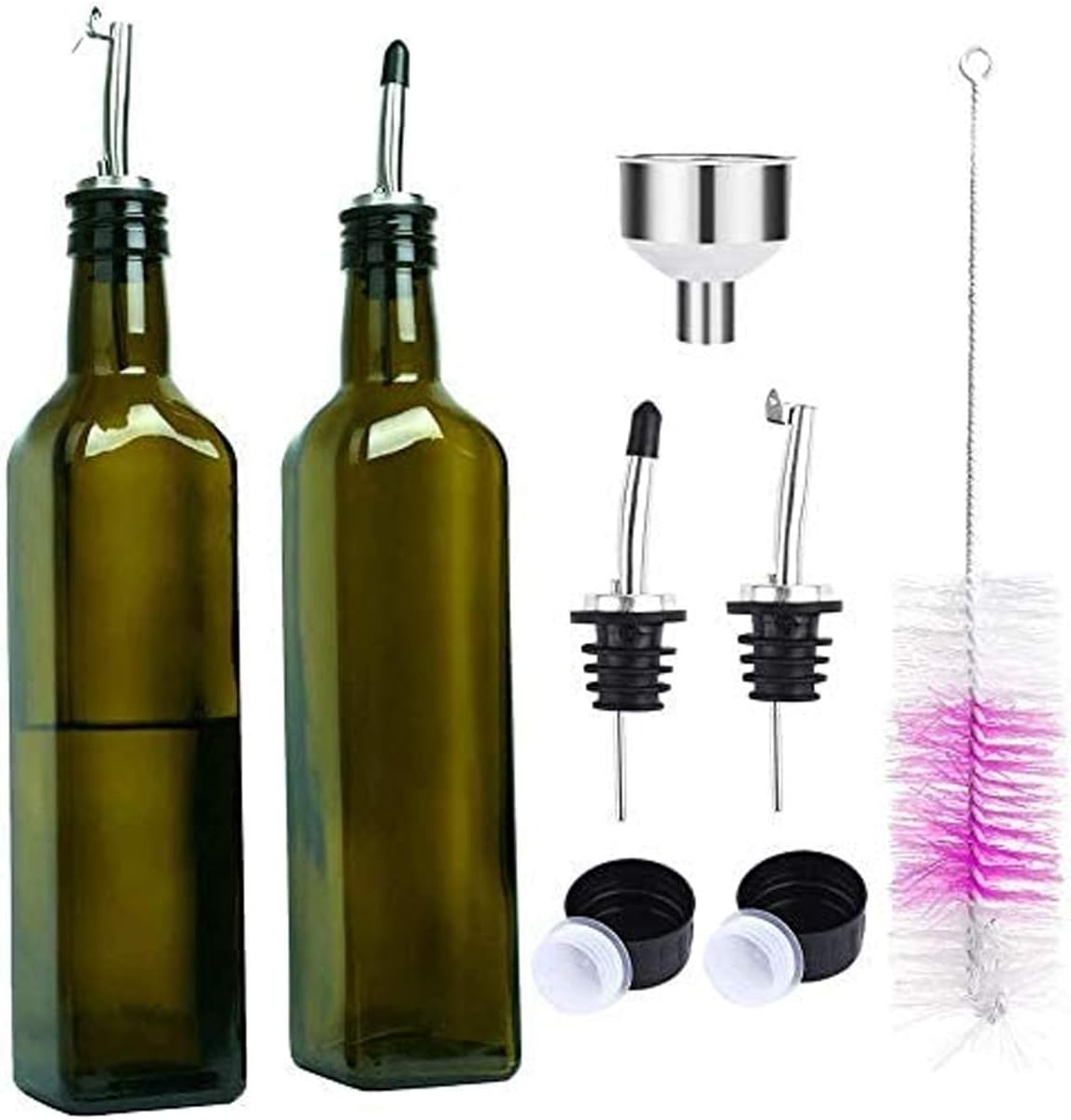 HOTOOLME Olive Oil Bottle Olive Oil Dispenser 500ml Oil Bottle Drizzler 2 Pack Oil Bottles for Kitchen Cruet Set including Spouts,Funnel,Cleaning Brush,Stoppers and Caps
