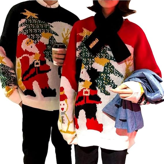 Amazon ロモハナガ ペアルック セーター クリスマス セーター メンズ レディース 男女兼用 レジャーセーター ニットサンタクロース柄 学生 ゆったり お揃い 可愛い 暖かい トップス 冷房対策 プレゼント パーティー 代 30代 厚手 韓国 ブラック L セーター 通販