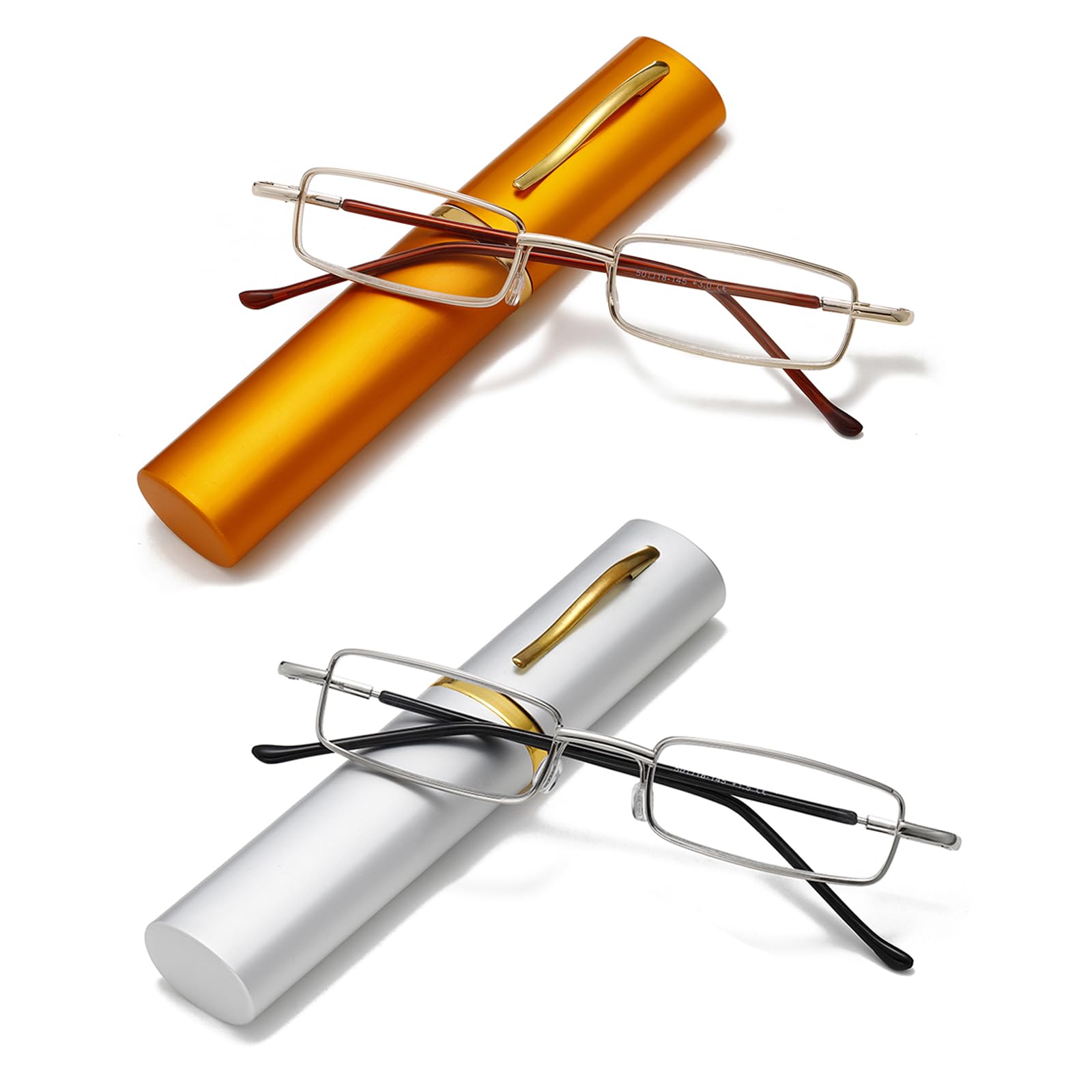 Hubeye 2 Pairs Slim Portable Reading Glasses for Men Women Metal Pocket Readers Glasses Lightweight Compact Blue Light Blocking Glasses in Tube Case 2.00