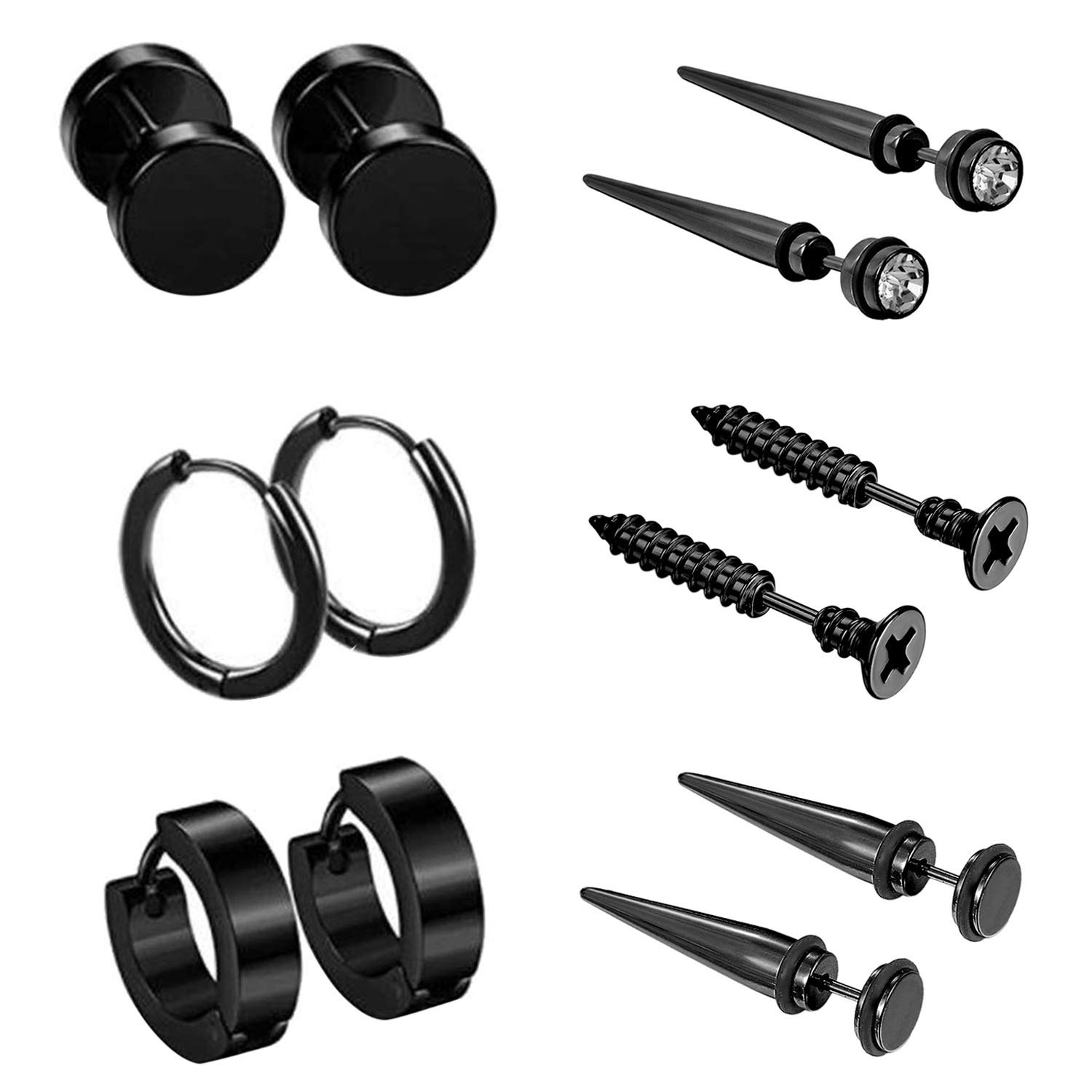 Stainless Steel Earrings for Men Women 6 Pairs Stud Earrings Hoop Earrings, Prefect for Heavy Metal, Punk Rock, Tattoo, Street or Daily Wear,Silver,Gold,Black