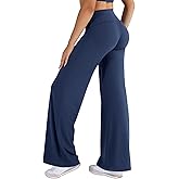 VOYJOY Fold Over Straight Leggings Womens Wide Leg Yoga Pants No Front Seam 31.5" Mid Low Waist Stretch Sweatpants