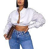 Azhong Women's Collared Puff Long Sleeve Deep V Neck Button Crop Top Blouse Shirt