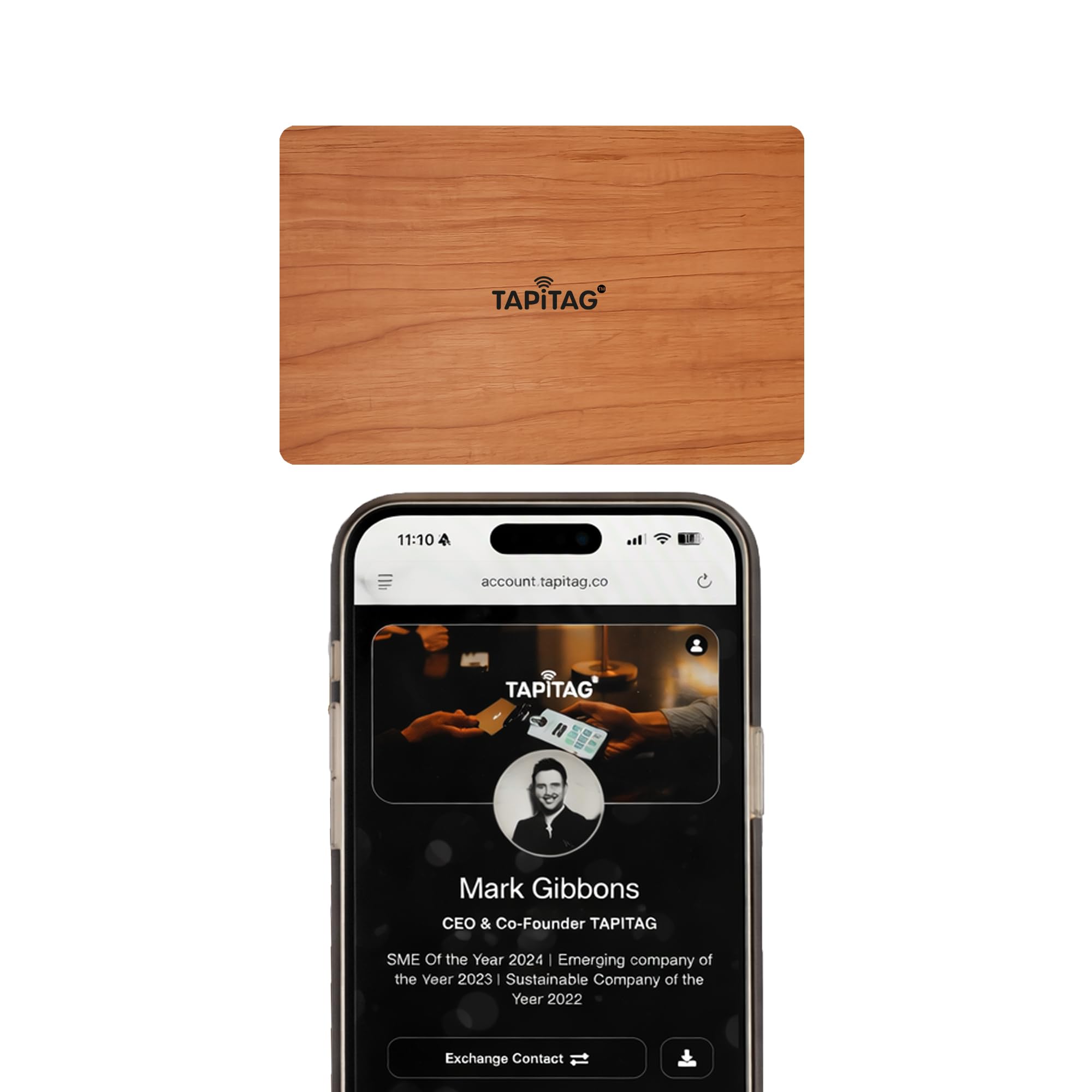 TAPiTAG Wooden Digital Business Card - NO Subscription Required - Contactless Wooden Card with NFC, QR and Online Profile for Networking and Business Events (Cherry)