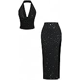 MakeMeChic Women's 2 Piece Outfits Glitter Draped Halter Top and Split Thigh Long Skirt Rave Outfit