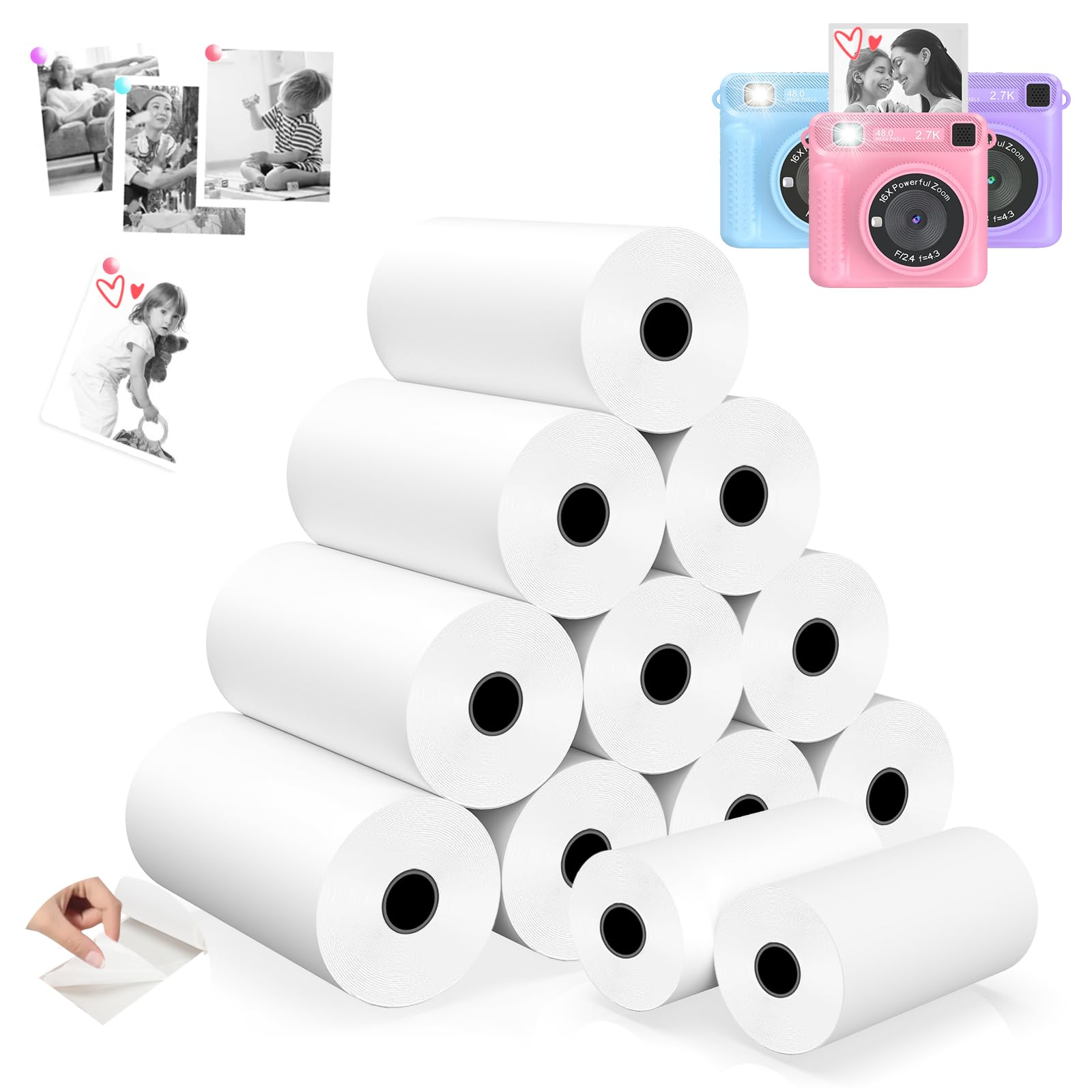 Photo 1 of 12 Rolls Mini Thermal Printer Sticker Paper, Kids Instant Camera Refill Print Paper, Atnadov HD Thermal Paper for Most Kids Instant Camera (White 7 Rolls Sticker Paper)