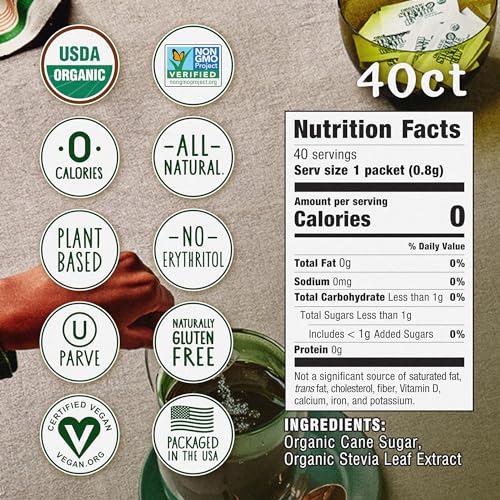 STEVIA IN THE RAW ORGANIC STEVIA SWEETENER PACKETS, 40 CT, ZERO CALORIE STEVIA SUGAR SUBSTITUTE PACKETS, NO ERYTHRITOL OR ARTIFICIAL FLAVORS, USDA ORGANIC, NON-GMO PROJECT VERIFIED, VEGAN