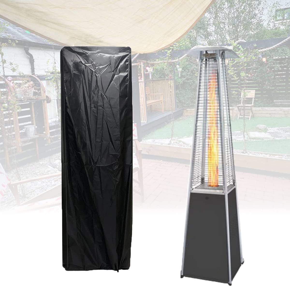 HWI Waterproof Glass Tube Heater Cover, 210D Heavy Duty Square Stand Patio Heater Outdoor Protector for Triangle Heater, Pyramid Torch, Black,3145645
