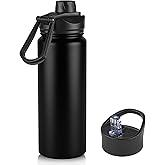 24oz Insulated Water Bottle with Straw Lid, Stainless Steel Metal Water Bottle with Straw & Wide Mouth Lid, Double Wall Vacuum Water Bottle for Hiking Camping, Black 1 Pack