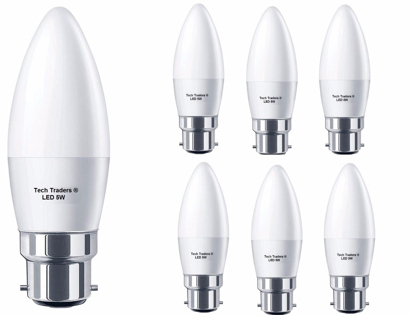 Tech Traders ® C37 5Watt B22 Bayonet LED Candle Bulbs, 50Watt Incandescent Bulb Equivalent, 400lm, Non Dimmable BC LED Bulb,Candle Light Bulbs [6 Pack] (Warm White 3000K)