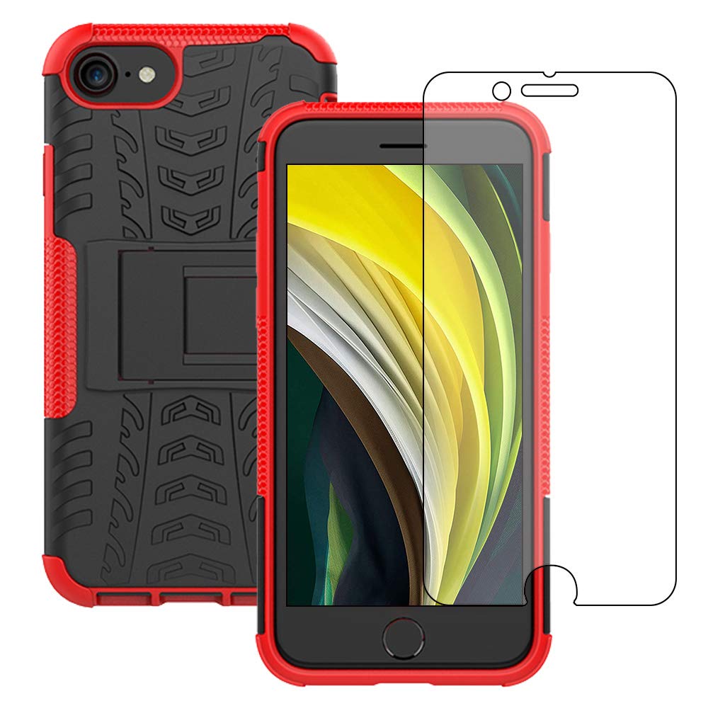 Yiakeng iPhone 8 Case, iPhone 7 Case with Screen Protector, Shockproof Silicone Protective with Kickstand Hard Phone Cover for iPhone SE 2020/7/8 (Red) โ image 1