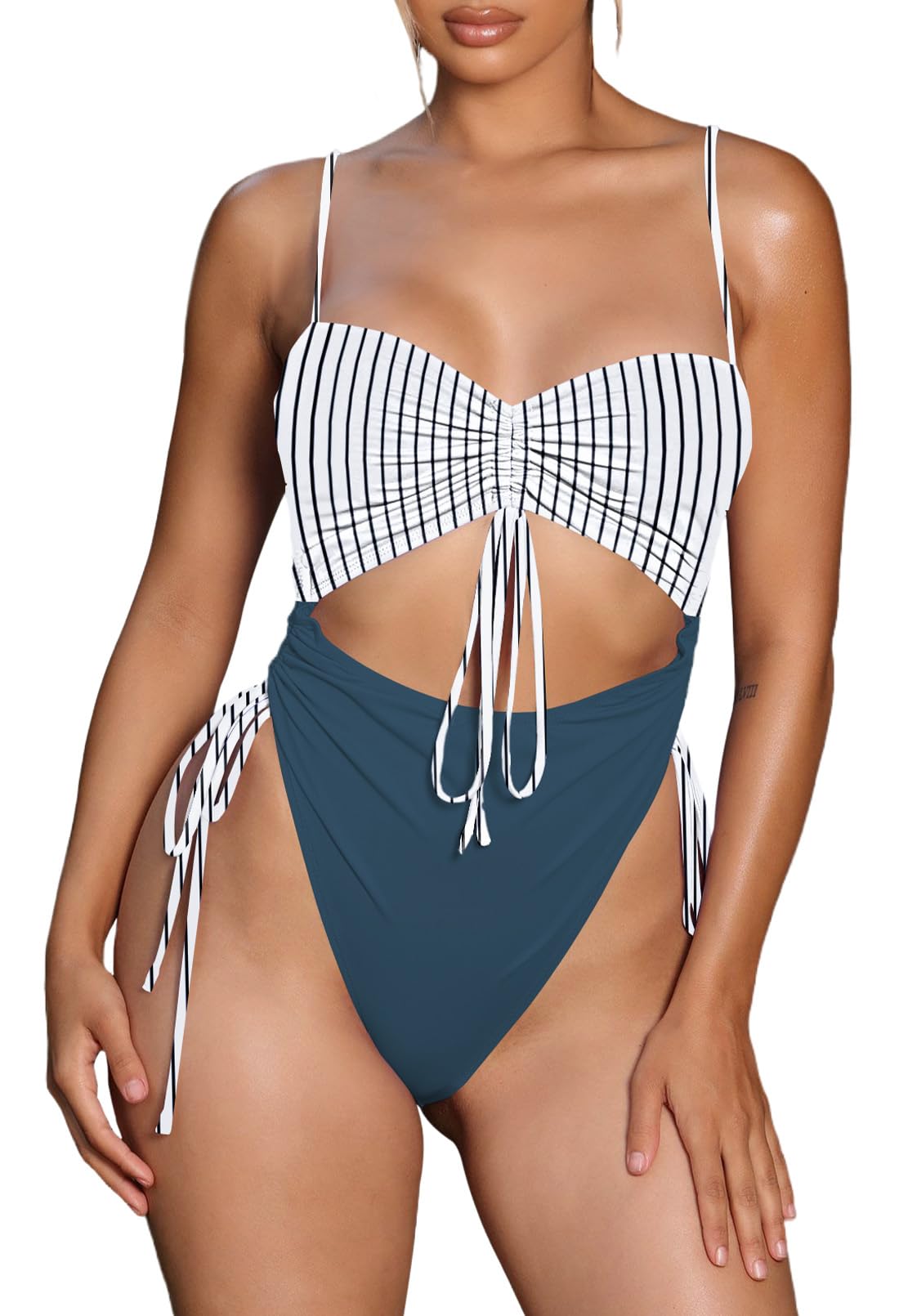 Viottiset Women's Cut Out Drawstring One Piece Swimsuit Bathing Suit Cheeky High Cut Monkini Black Stripe S Image