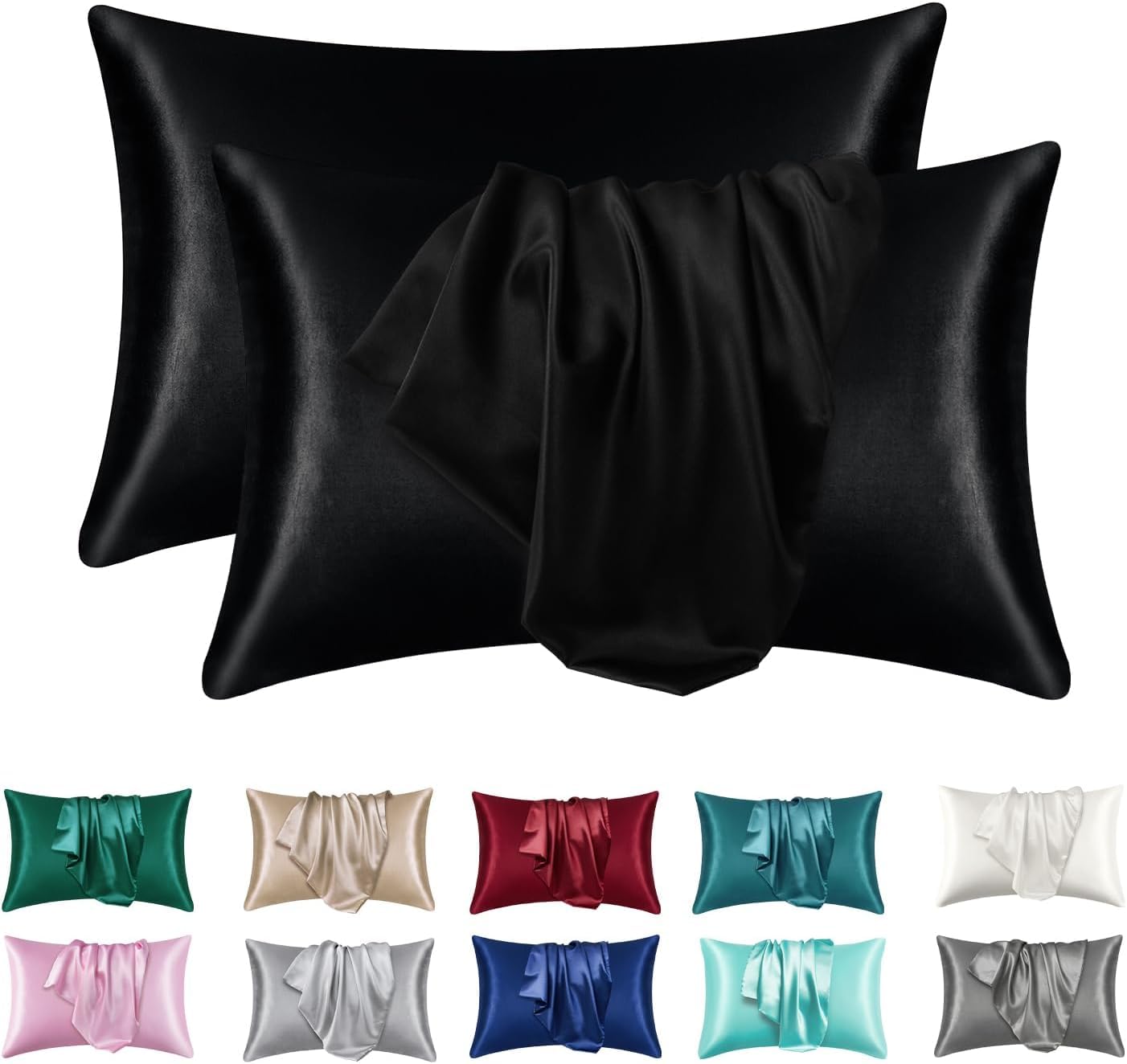 juwenin Silk PillowCases - 2 Packs Silky-soft, Anti-static Dust Mite Resistant for Hair & Facial Skin (Black)