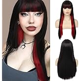 Swiking Long Black Mix Red Wigs with Bangs for Women Straight Two Tone Synthetic Wig for Cosplay Halloween Party
