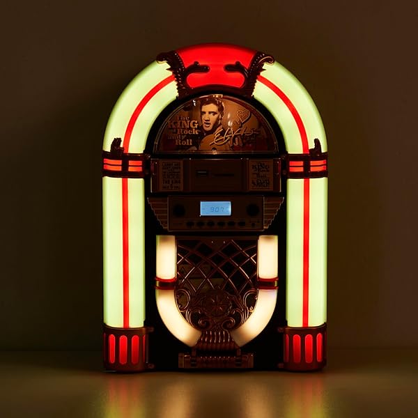ARKROCKET ATHENA MINI JUKEBOX/TABLETOP CD PLAYER/BLUETOOTH SPEAKER/RADIO/USB AND SD CARD PLAYER WITH RETRO LED LIGHTING SYSTEM (BLACK GOLDEN)