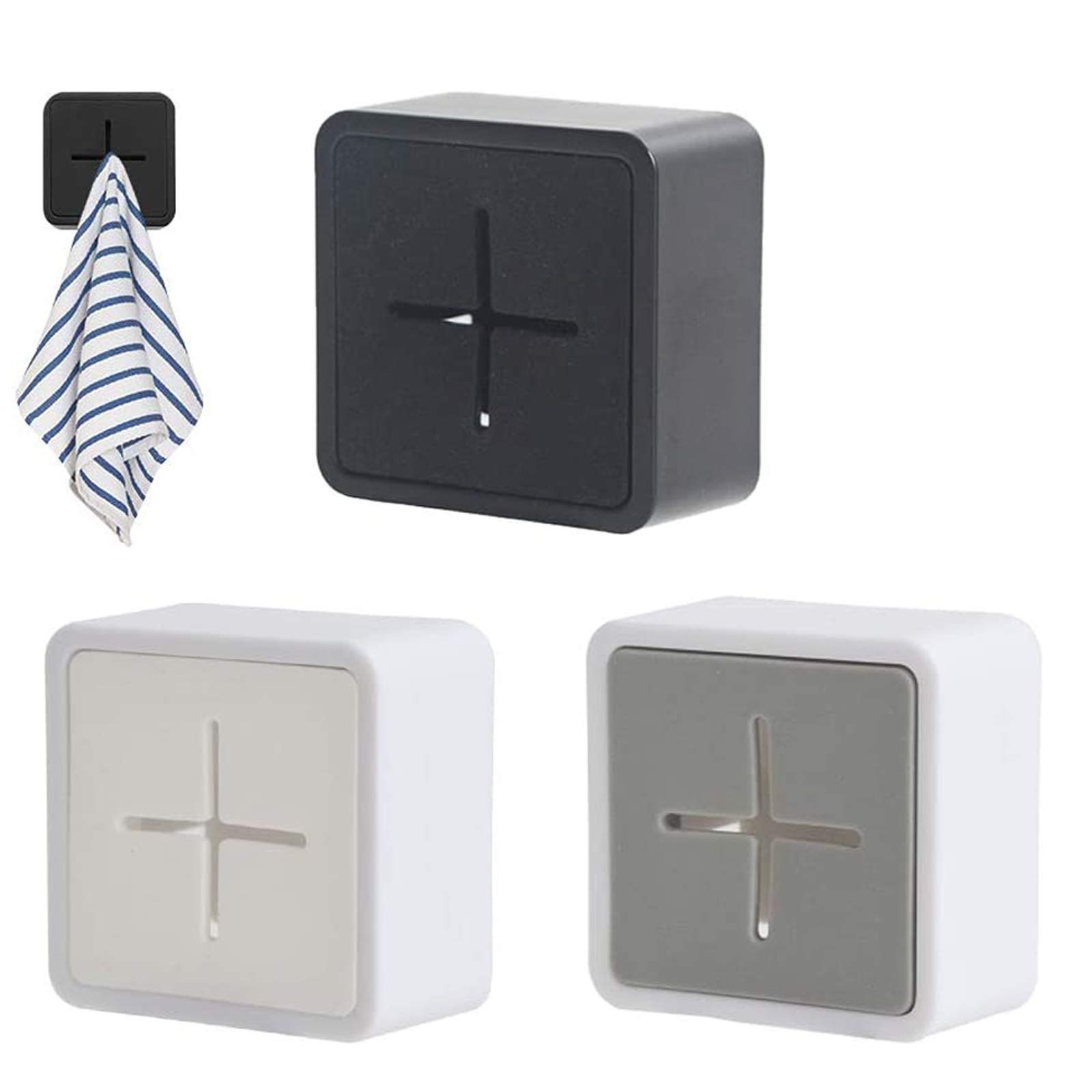 Tea Towel Holder, Premium Silicone Self Adhesive Towel Hooks Anti Collision Square Wall Mount Towel Holders for Bathrooms Kitchen Set of 3 (White, Gray, Black)