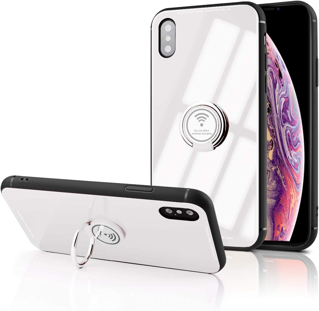 Wantacme Tempered Glass Case for iPhone X XS with Ring Grip Holder, Toughened Glass Back Cover for iPhone X XS with Ring Kickstand (Black) (White)