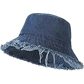 Frayed Denim Bucket Hat Distressed Jean Fisherman Cap Wide Brim Boonie Sun Hat Packable Beach Cap for Women Men