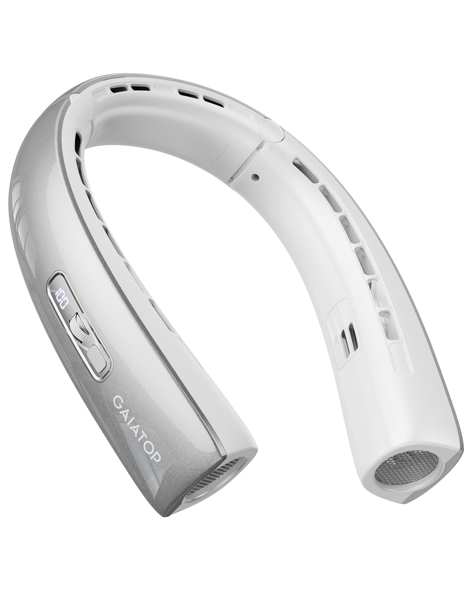 Photo 1 of Gaiatop Portable Neck Fan, 40° Stretch Neck Cooler with 360° Surrounding Cooling, 1-100 Speed Scroll Switch Hands Free Personal Fans H1 Turbo Mode for Outdoor Travel Office Gym Gift for Dad Mom Silver