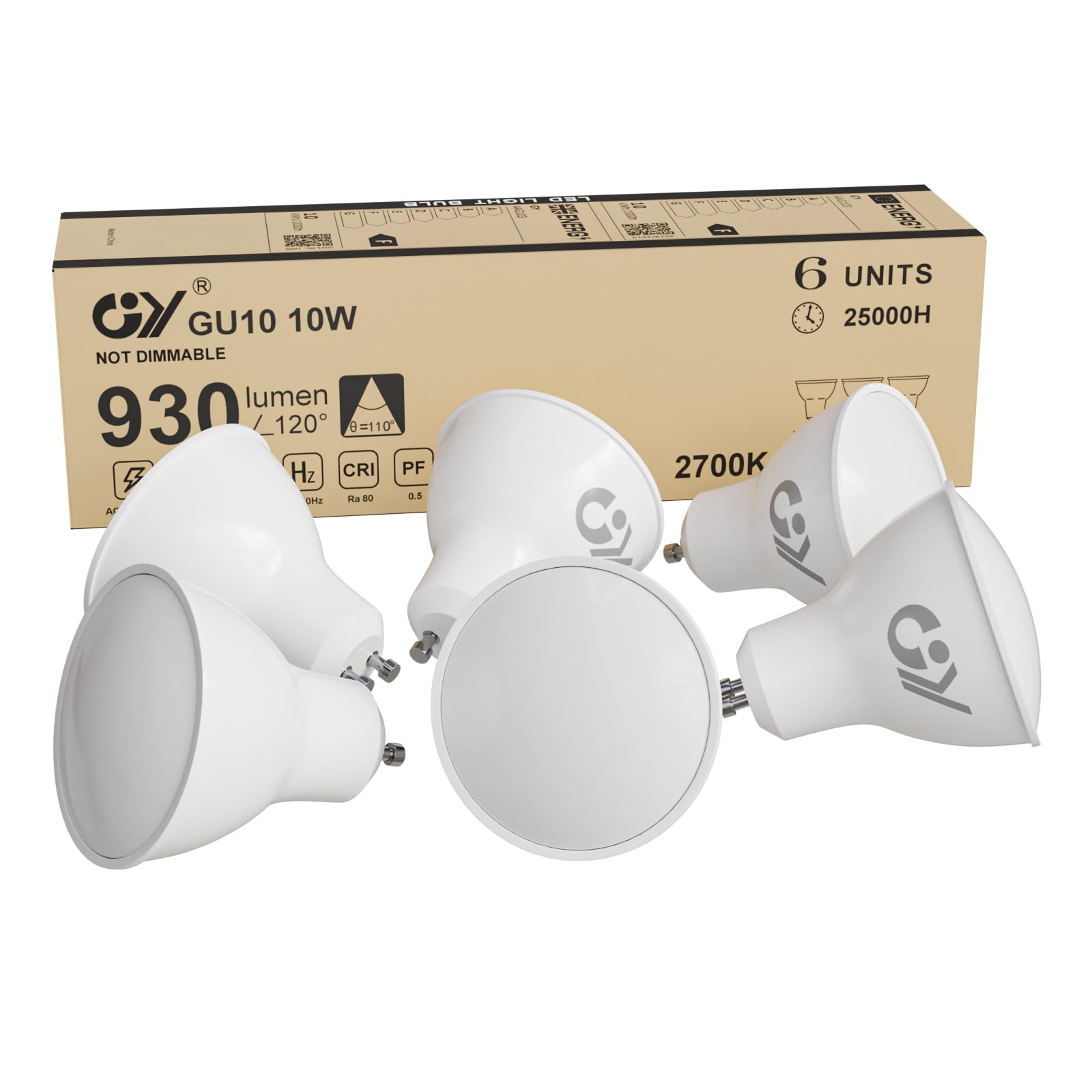 GY GU10 LED Bulbs Warm White 2700K 10W 930lm, Energy Saving High Lumen Light Bulbs Equivalent to 100W,120° Wide Beam Non-dimmable, Pack of 6 — image 1