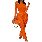 Remxi Women 2 Piece Outfits Jumpsuit Casual Long Sleeve Crewneck Sweatshirt High Waist Tassel Fringe Pants Sweatsuit Set