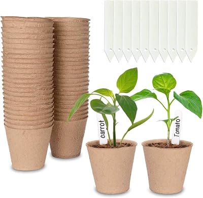 Cymax 50x 8cm Round Fibre Seedling Pots with 50 Plant Labels Biodegradable