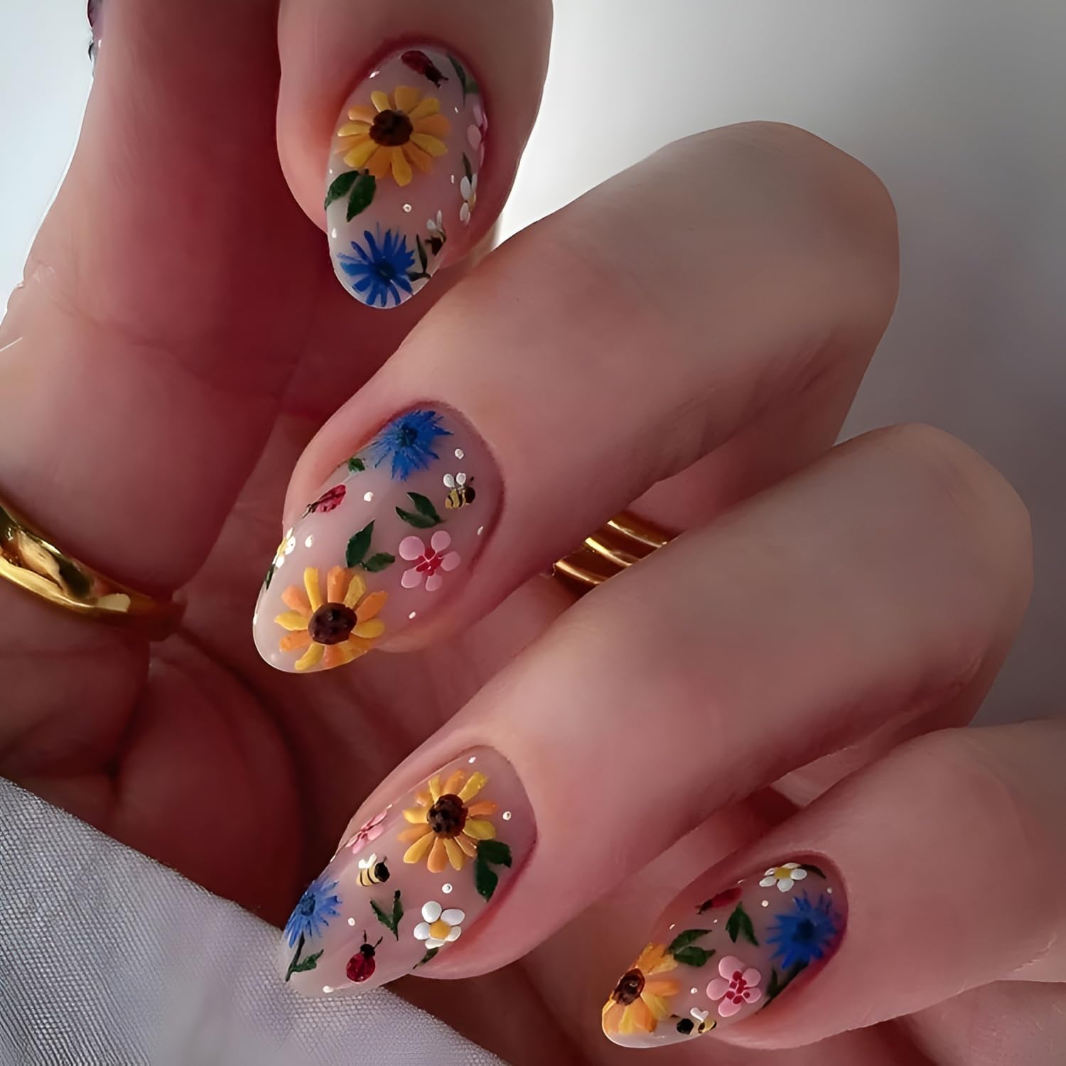 Photo 1 of Flower Press on Nails Medium Almond Fake Nails Colorful Flower Nails Press Ons Glossy False Nails Summer Spring Glue on Nail DIY Acrylic for Women and Girls Decorations Set 24Pcs