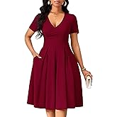 MarryUP Women's Casual Wrap Dress Wedding Guest Dresses with Pockets Short Sleeve A-Line Swing V-Neck Pleated Dresses