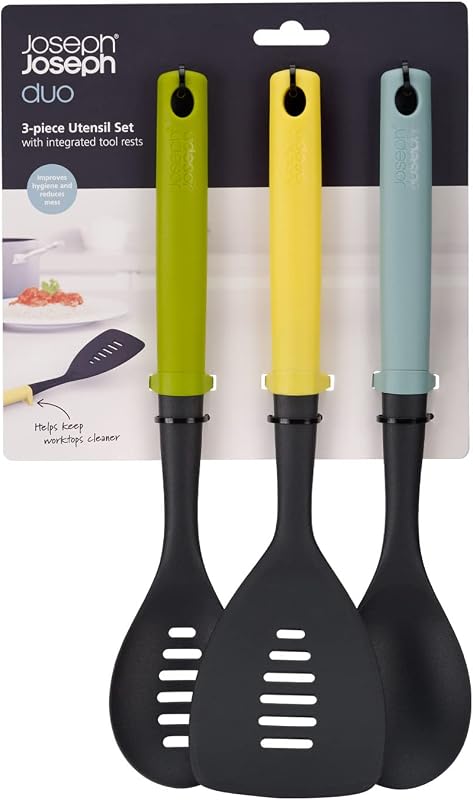 Duo Utensili Cucina, Set accessori 3 pezzi, mestoli, cucchiai e spatola, resistenti al calore, Multicolore