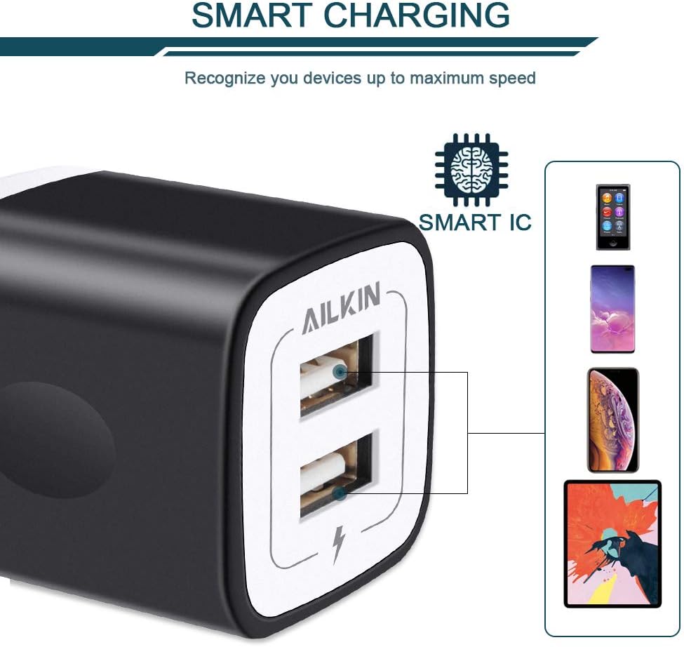 USB Wall Charger, Charger Block, Ailkin 2.1A Multiport Fast Charge Power Brick Cube Replacement for iPad, iPhone, iPod, Samsung Galaxy, Huawei, HTC, LG, Nokia or Other Cell Phone Smart Devices