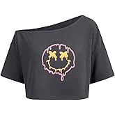Remidoo Women's Off The Shoulder Graphic Crop Top Tee Half Sleeve Loose Fit T Shirt