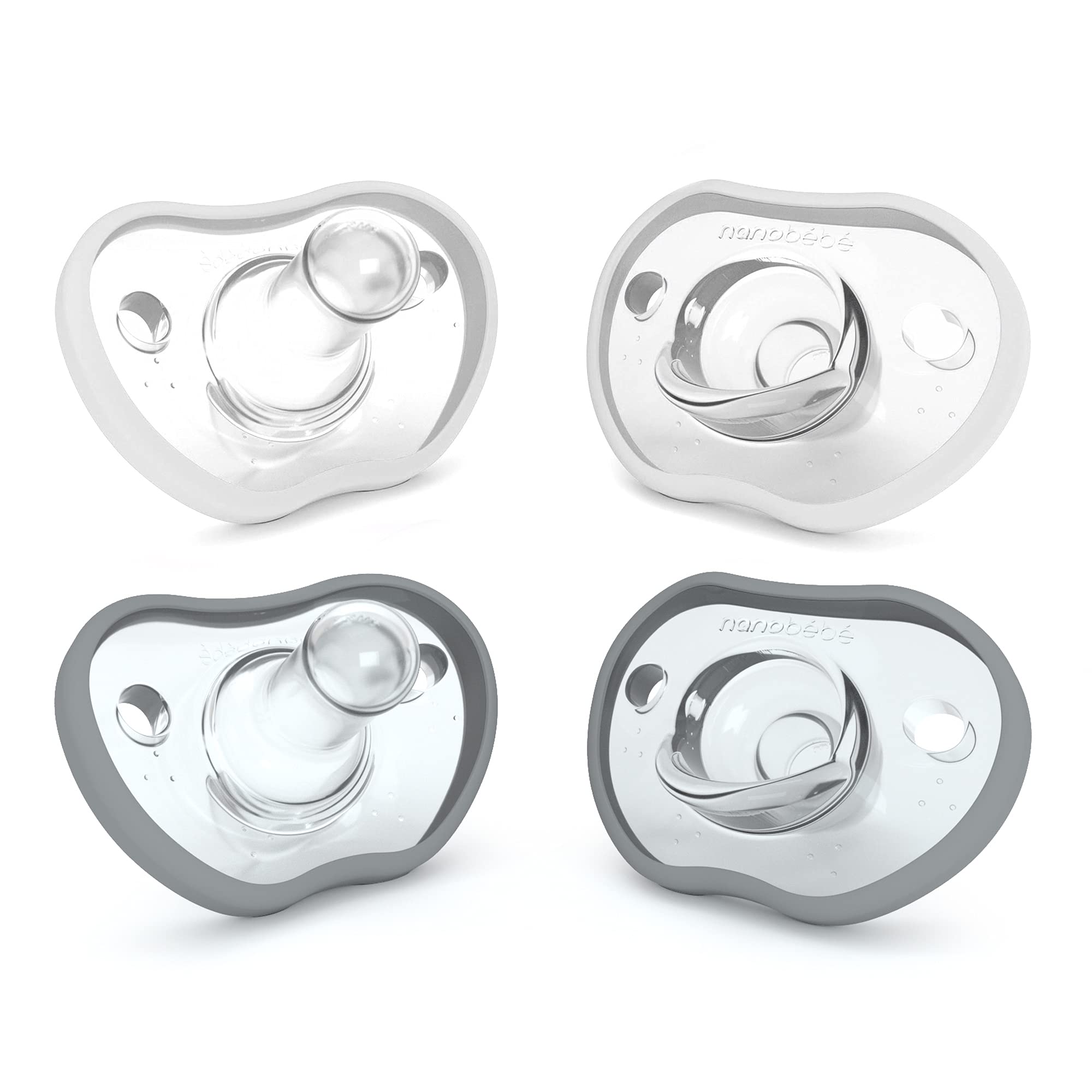 Nanobebe Baby Soothers 3+ Month - Orthodontic, Curves Comfortably with Face Contour, Award Winning for Breastfeeding Babies, 100% Silicone - BPA Free. Perfect Baby Gift 4pk, Grey and White
