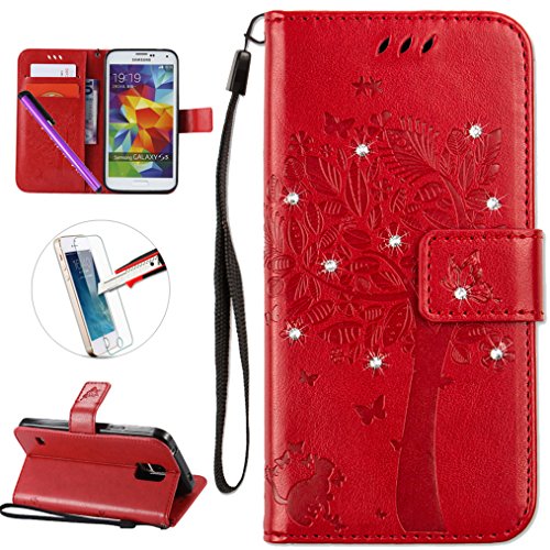 Samsung S5 Case, ISADENSER PU Leather Wallet Book Shell Luxury 3D Handmade Shine Diamond Embossing Tree Cat Butterfly Pattern Flip Protective Cover Case For Samsung Galaxy S5- Red Wish Tree