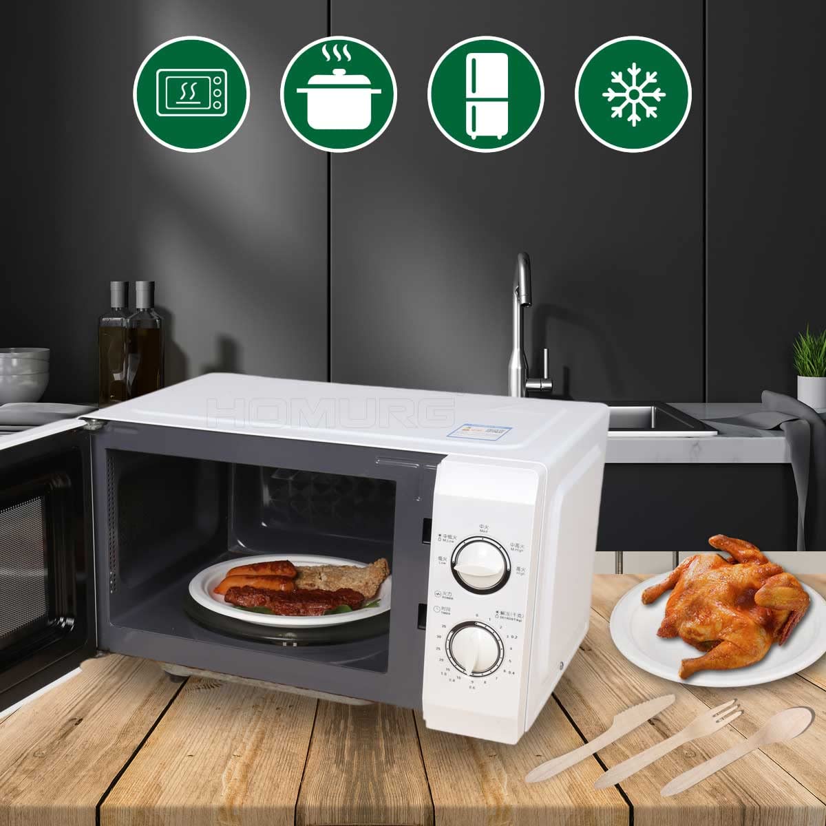 HOMURG Einweg Teller und Holz Besteck 30 Set, Einweggeschirr Set mit Dessertteller + Speiseteller + Gabel + Messer + Löffel 150 Stück, Party Geschirrset mit Pappteller und Holzbesteck für 30 Personen 6