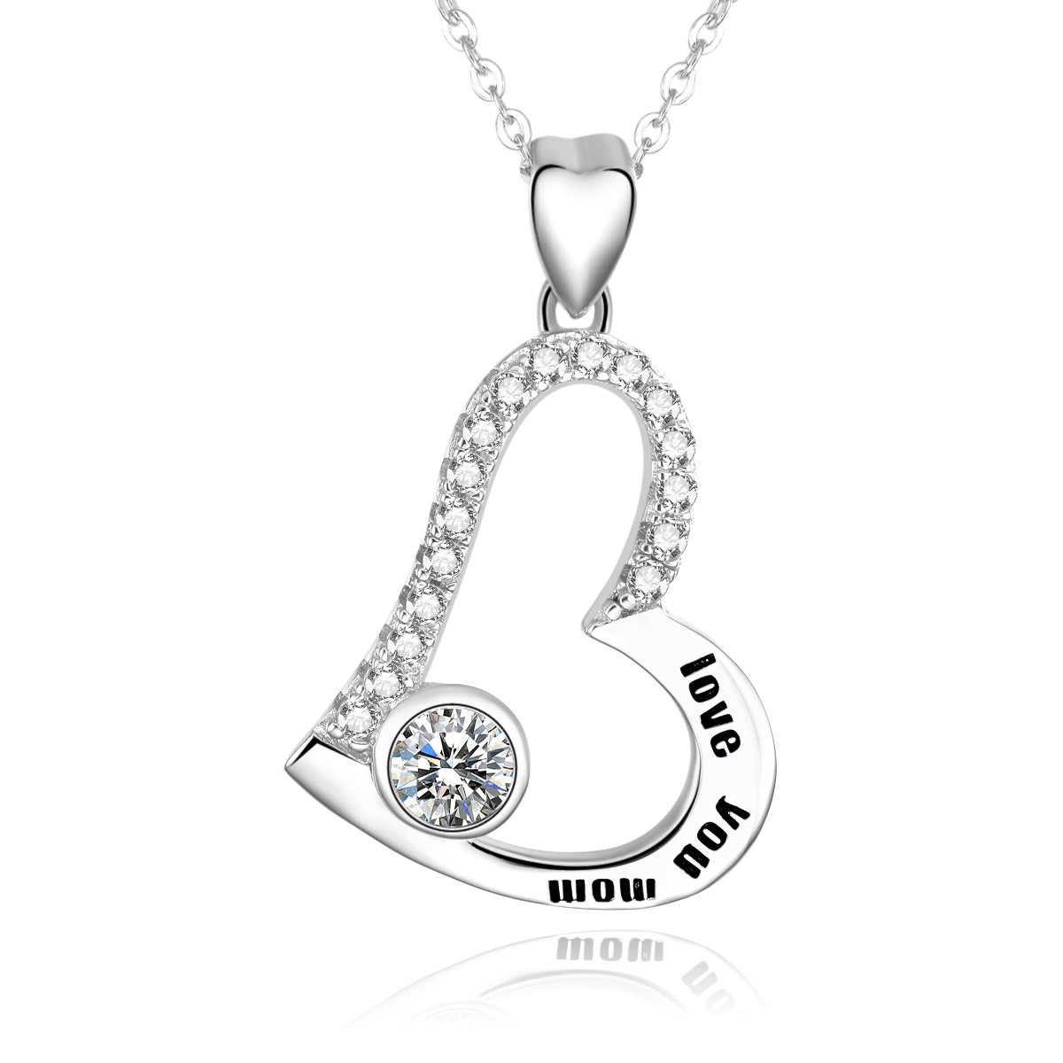 Bonlavie 925 Sterling Silver Love You Mom Love Heart Cubic Zirconia Pendant Necklace Gift for Mother — image 1