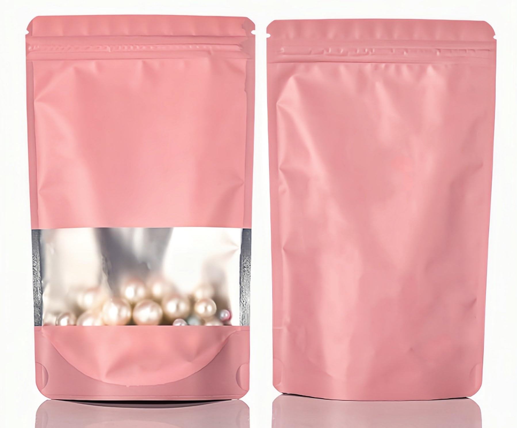 Rimiko 50pcs Resealable Stand up Foil Pouches with Clear Window, Zipper Aluminum Ziplock Bags, Mylar Bags for Food Storage, Colorful Matte Packaging for Candy Coffee Beans (Pink, 6.3"x 9.5")