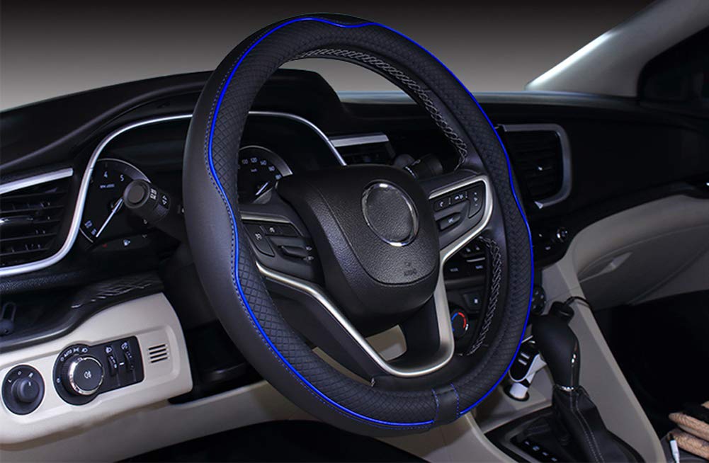 Istn Microfiber Leather Car Steering Wheel Cover Universal 15 inch/38cm Breathable Anti-slip Protector for Auto/SUV (Black Dark Blue,14.5-15")