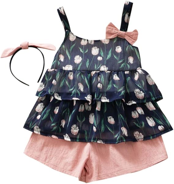 Amazon ベビー服 キッズ 子供服 3点セットアップ チューリップ柄 トップスキャミソール ショートパンツ ヘアバンド 女の子 上着 ガールズ ワンピース お姫様 可愛い 洋服 夏服 通園 通学 七五三 お出かけ 発表会 パーティー アウトドア プレゼント シャツ ブラウス