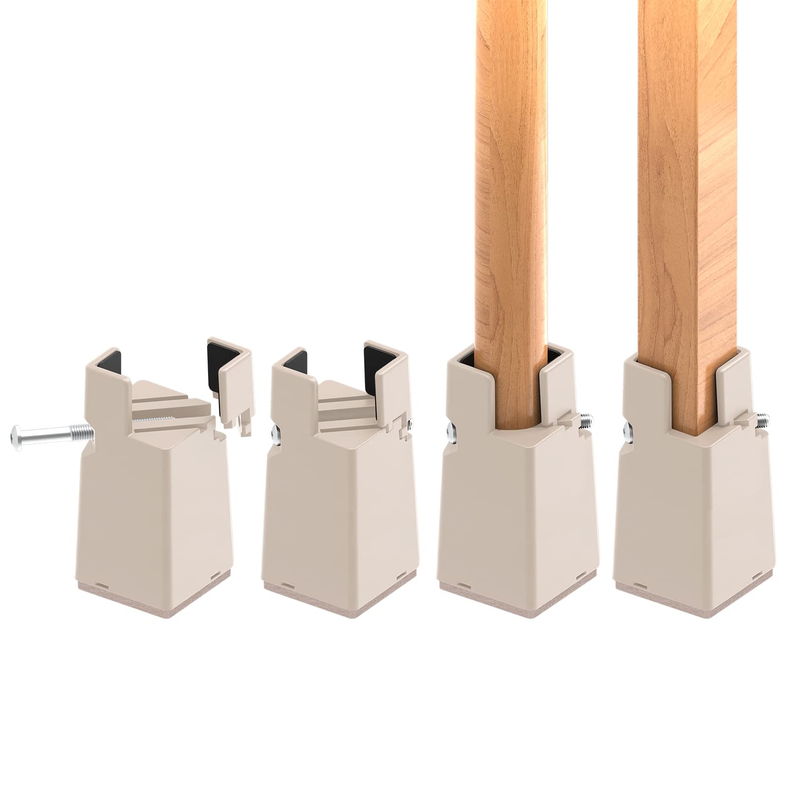 RCHYFEED Adjustable Bed Risers 10 cm with Screw Clamp, 4 inch Furniture Risers Heavy Duty 4 Pack Sofa Table Chair Risers for Square/Round Furniture Legs Diameter 0.8''–1.6'', Supports 20,000 lb Beige