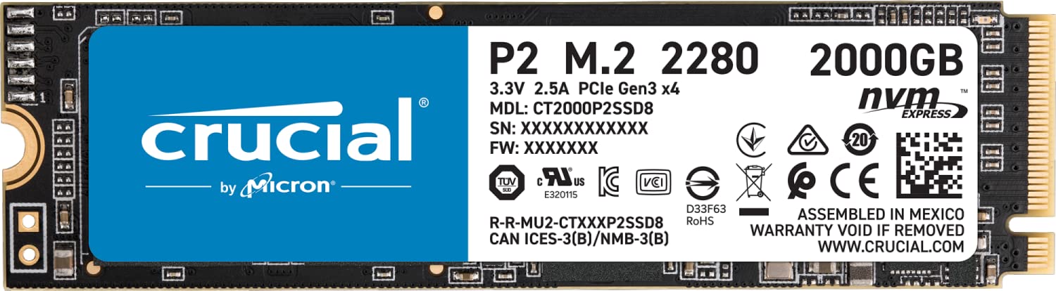 Crucial P2 2TB M.2 PCIe Gen3 NVMe Internal SSD - Up to 2400MB/s - CT2000P2SSD8