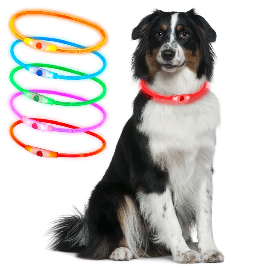 Ultra Red Silicone 70cm LED Light Up Dog Collar Cut to Size Rechargeable 3 Settings Large Dogs Medium Small Puppies Cats Flashing Dog Collar Lights for Night Safety USB Charging Collars