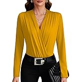LYANER Women's Wraped V Neck Ruched Long Sleeve Leotard Bodysuit Top