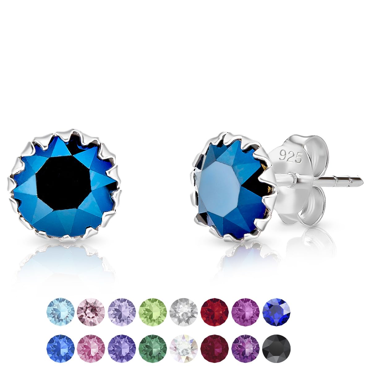 Blue Earrings for Women - Stud Earrings 925 Sterling Silver with Blue Crystal 6 mm - 925 Silver Round Studs — image 1