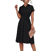 Vrtige Women's Collar V Neck Button Down Self Tie Waist Short Sleeve A Line Midi Shirt Dress Black Large