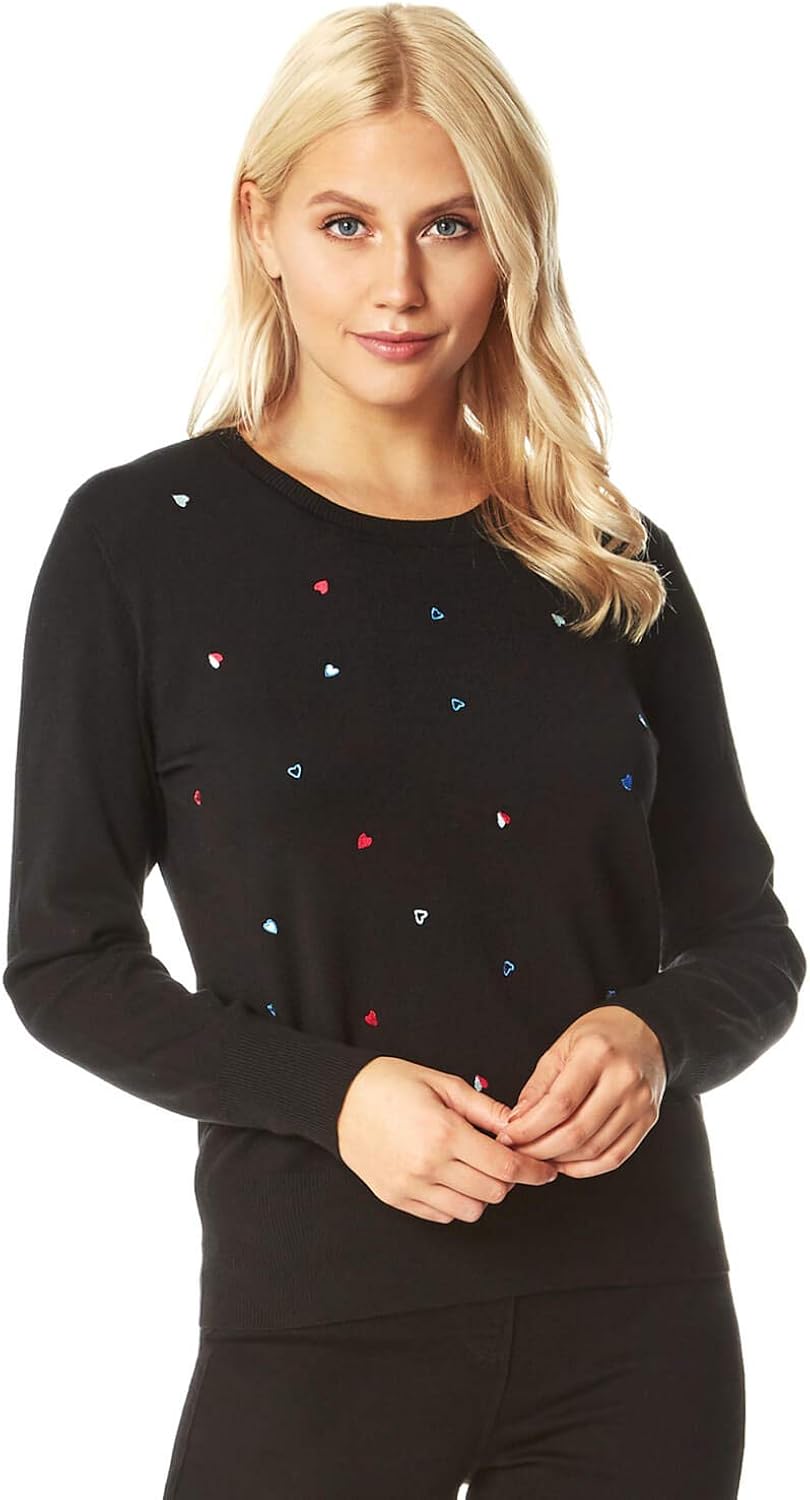 Roman Originals Women Embroidered Heart Jumper Ladies Round Neck Long