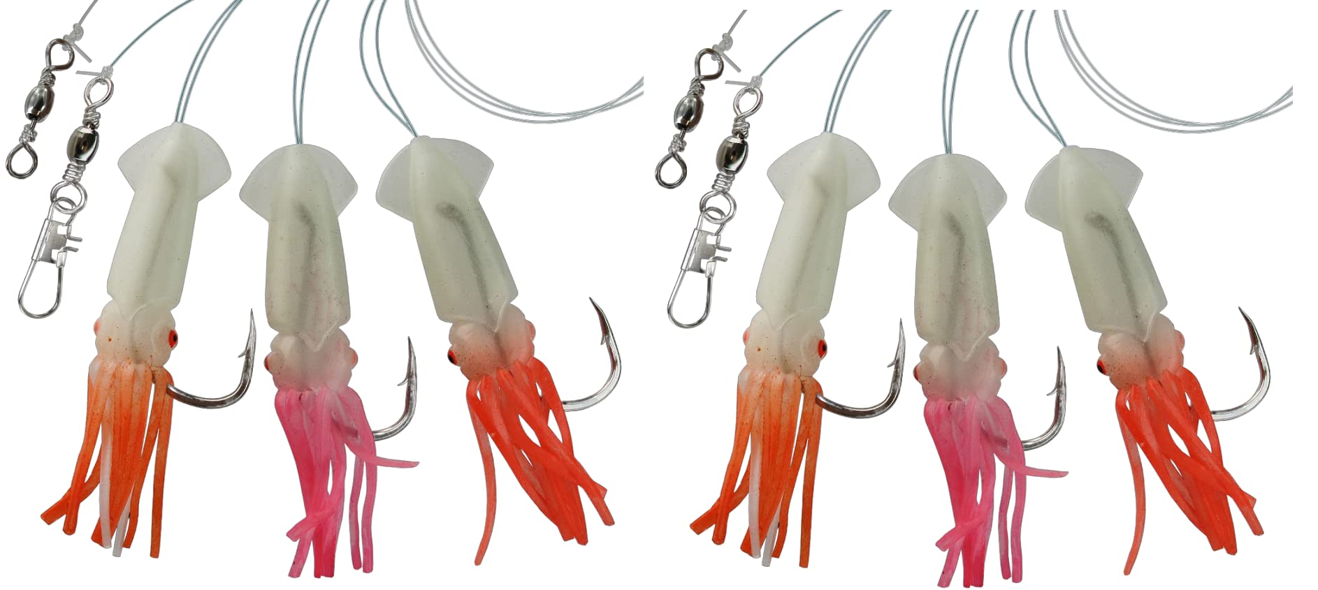 Set of 2 cod leaders by Dega by Jenzi rubber octopus 3 arms luminous squid Norway ready assembled length 145 cm, line thickness 0.60 m, hook size 5/0