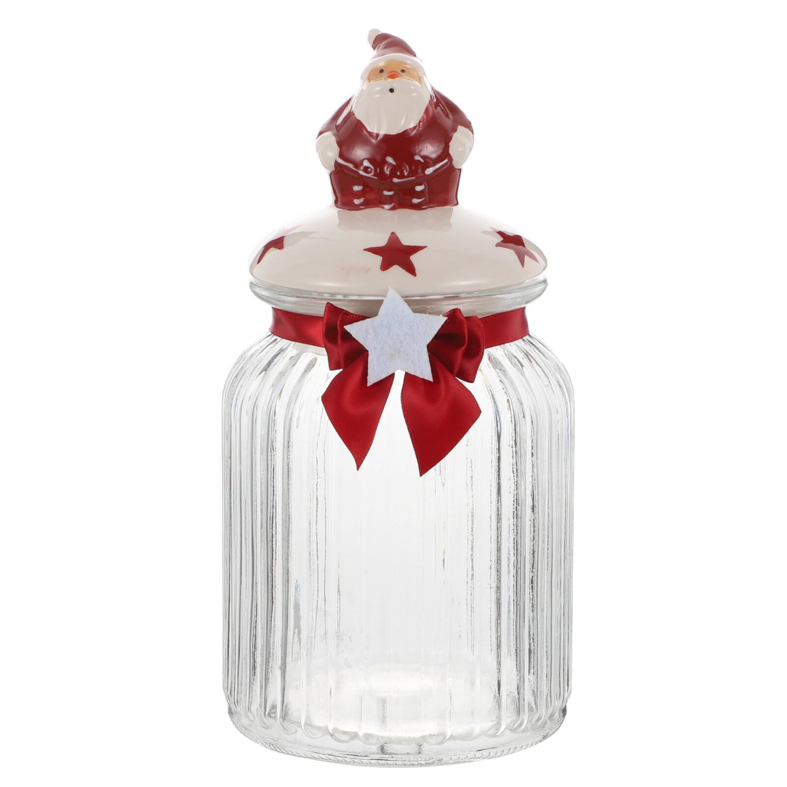Luxshiny Christmas Cookie Jar Glass Candy Jar with Santa Claus Lid and Bow Storage Container Cookie Canister for House Decoration Red L